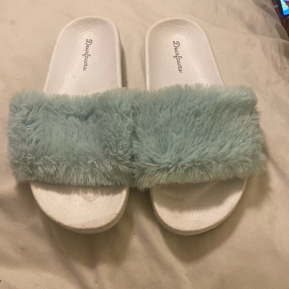 Blue and white fuzzy slides. Size 6.